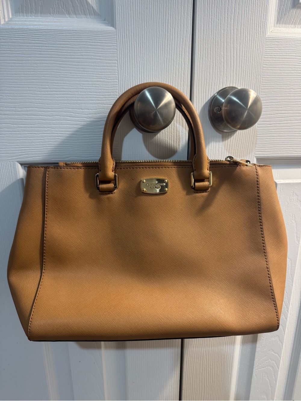 Michael Kors Caramel Saffiano Leather Satchel with Gold Hardware